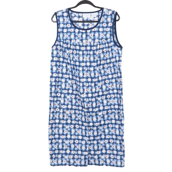 Ashley Taylor VTG House Dress XL Women Blue White Floral Checked Sleeveless Snap - Picture 1 of 6